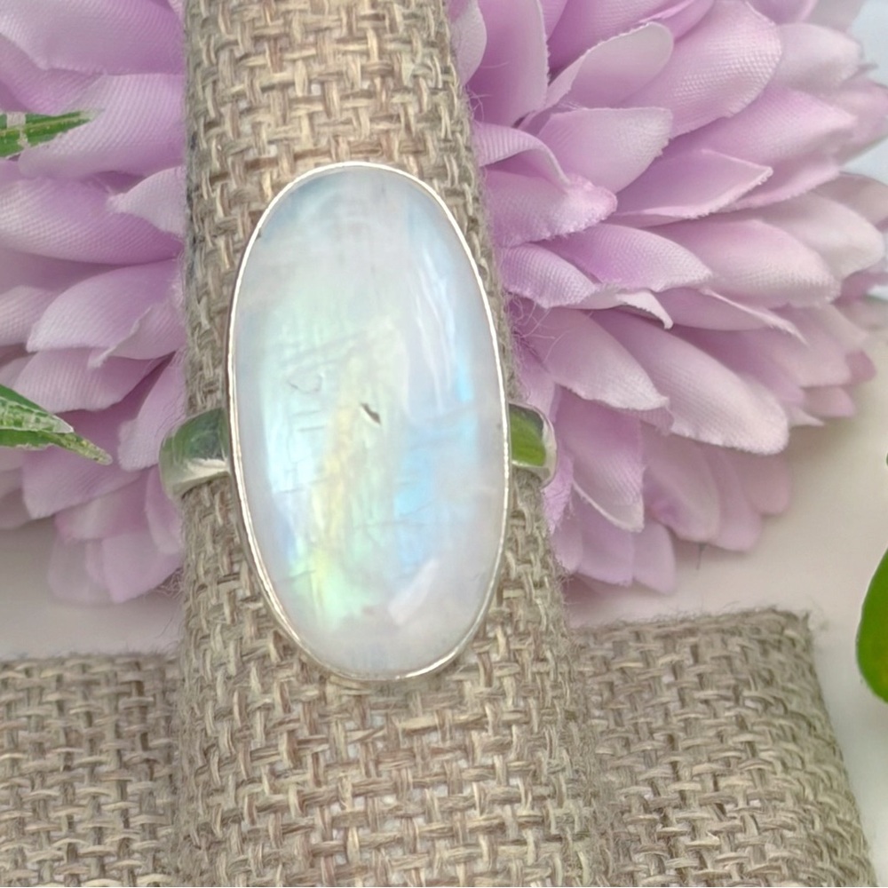 Pure Sterling Silver 925 Rainbow Moonstone Ring Size 8 1/2 8.5 Boho Southwest - Picture 5 of 9